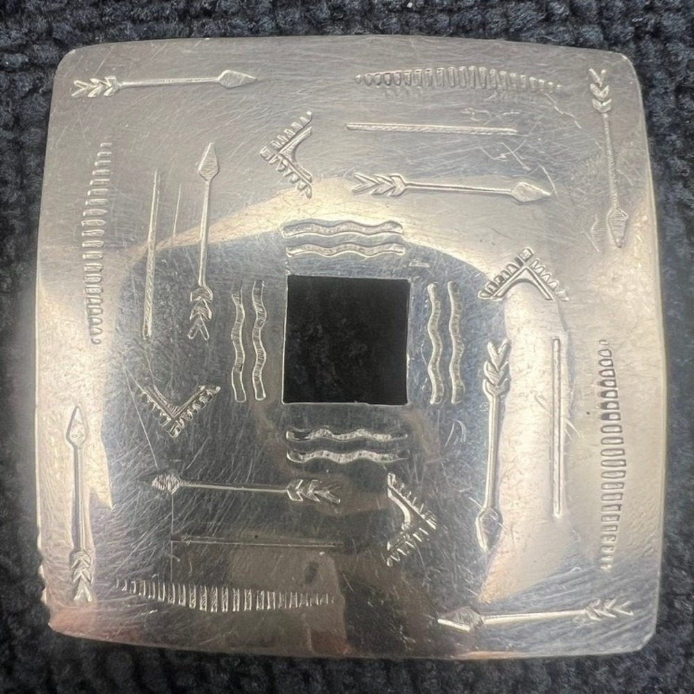Southwestern Brooch Square Concho Arrows Feathers Silver Tone Open Center 1.5"